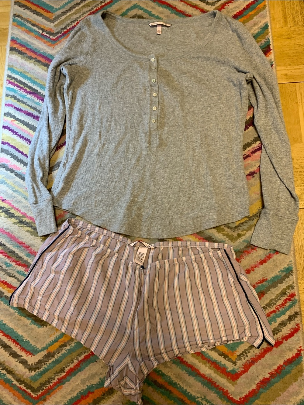 Victoria’s Secret Heather Gray Long-Sleeve Henley & Striped Sleep Shorts Set